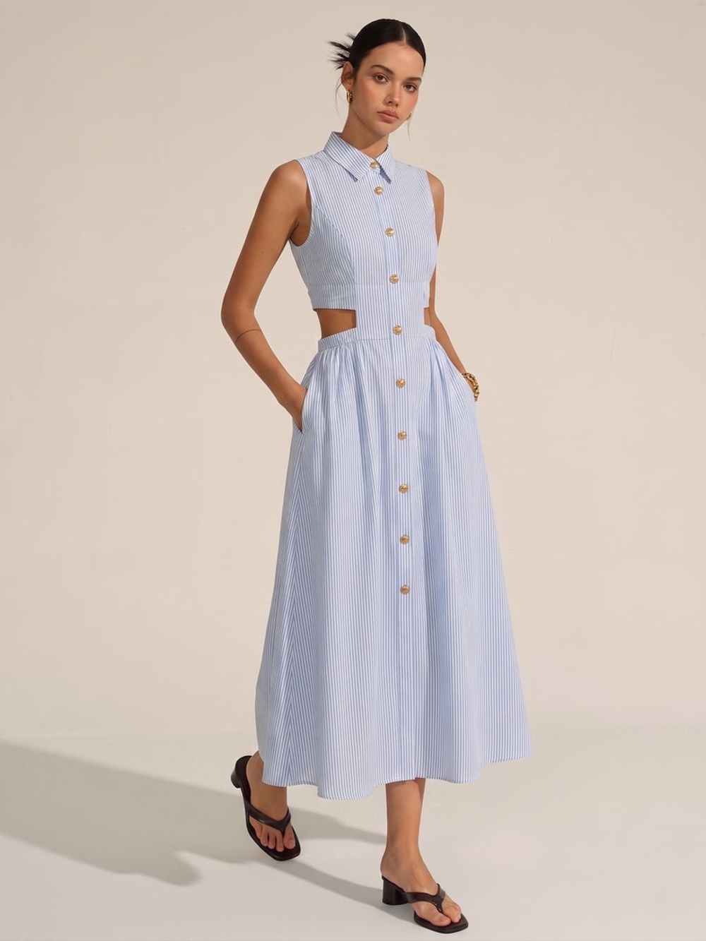 Commense Sleeveless Cutout Striped Midi Shirt Dress